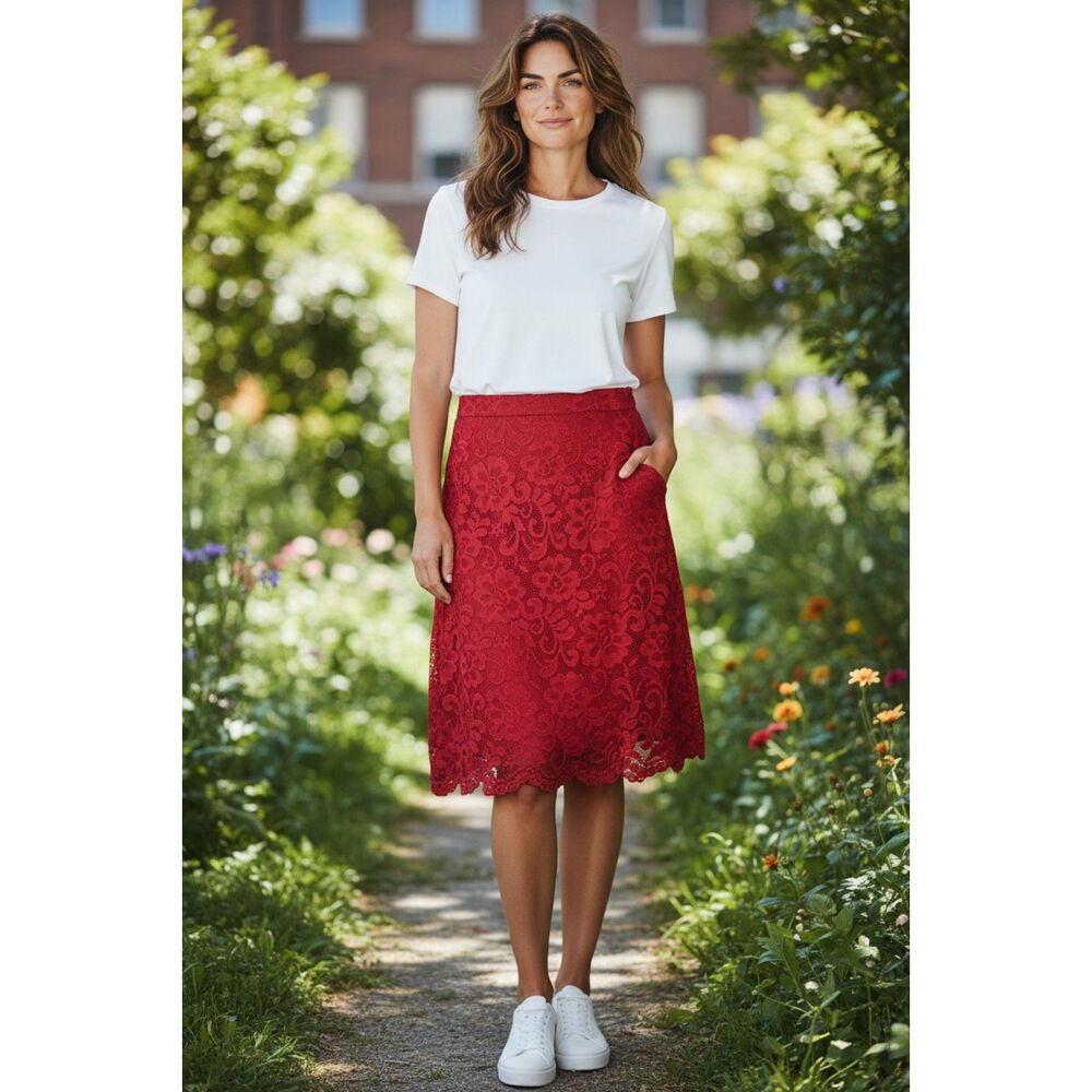 Olivia Blu Womens M Red Floral Lace Overlay A-Line Skirt Scalloped Hem